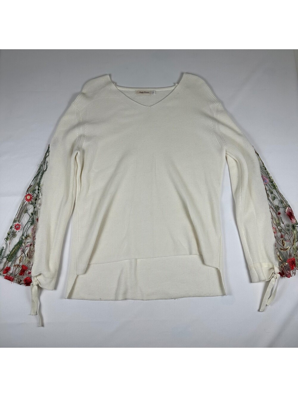 Simply Couture Womens L Ivory V Neck Sweater Embroidered Floral Mesh Sleeves